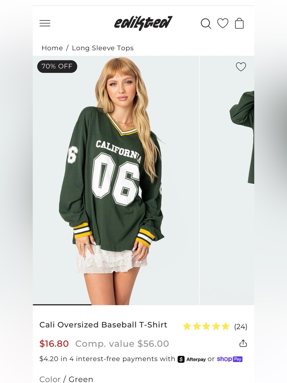 Edikted Green California 06 Oversized Baseball Top with Yellow & White Trim